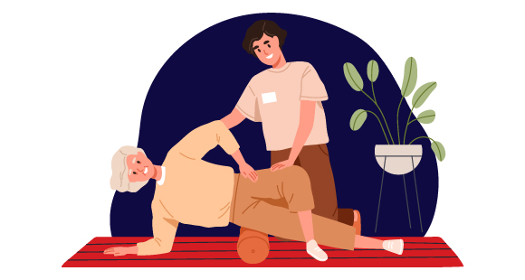young caregiver assisting elderly woman with balance on foam roller in a cozy indoor setting with plants and a red rug two people exercising