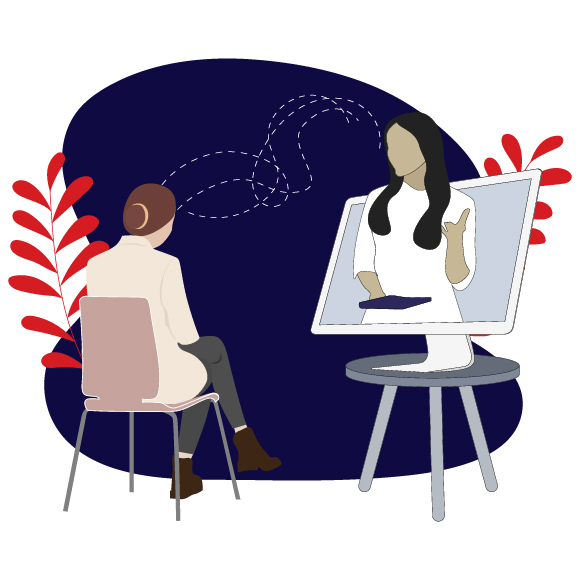 person sitting in a chair facing a monitor displaying another person speaking in a virtual meeting with colorful background elements suitable for online consultation