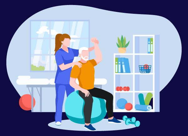 physical therapy session with elderly man sitting on exercise ball and therapist providing support and guidance for fitness and rehabilitation exercises 4 health benefits